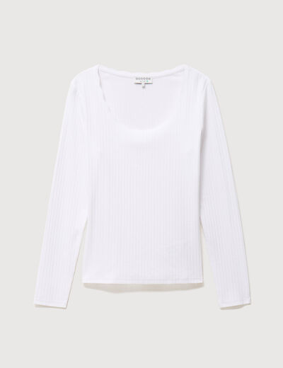 T-shirt ajust&eacute; col rond manches longues blanc femme