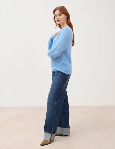 Pull manches longues col rond bleu clair femme