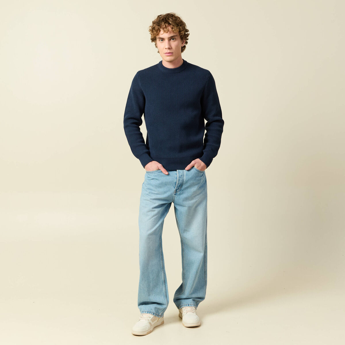 Pull fin manches longues col rond bleu marine homme