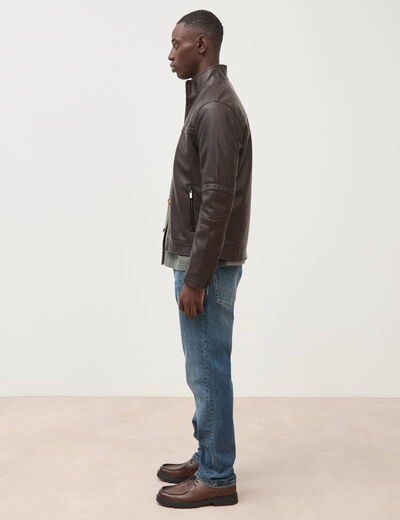 Blouson cintr&eacute; similicuir col montant marron fonc&eacute; homme