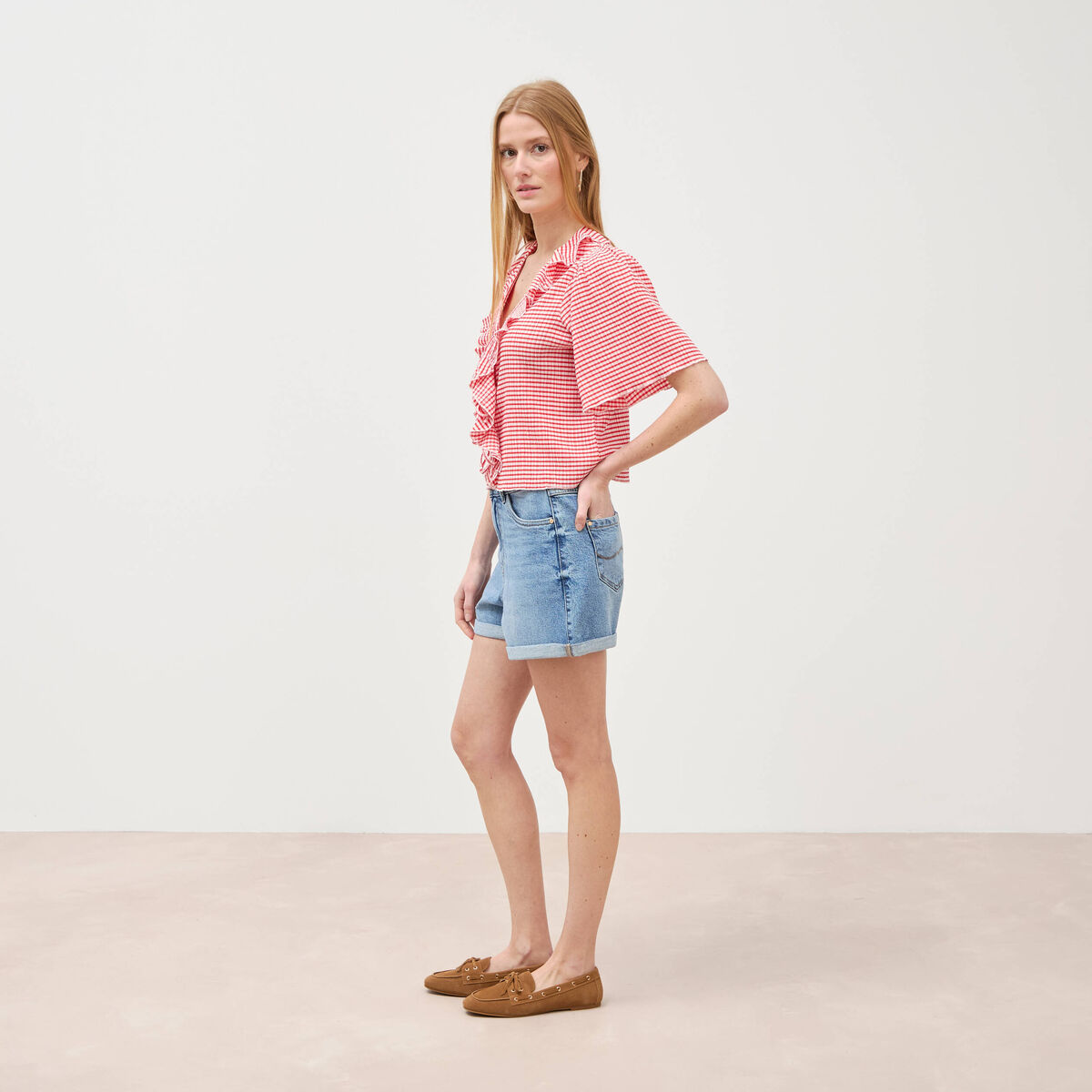 Short mom taille haute en jean denim used femme