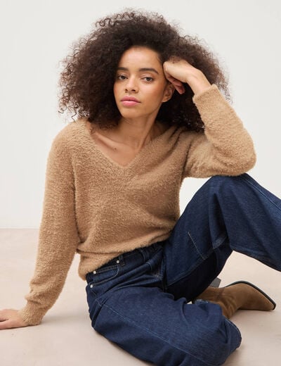 Pull droit col v manches longues camel femme