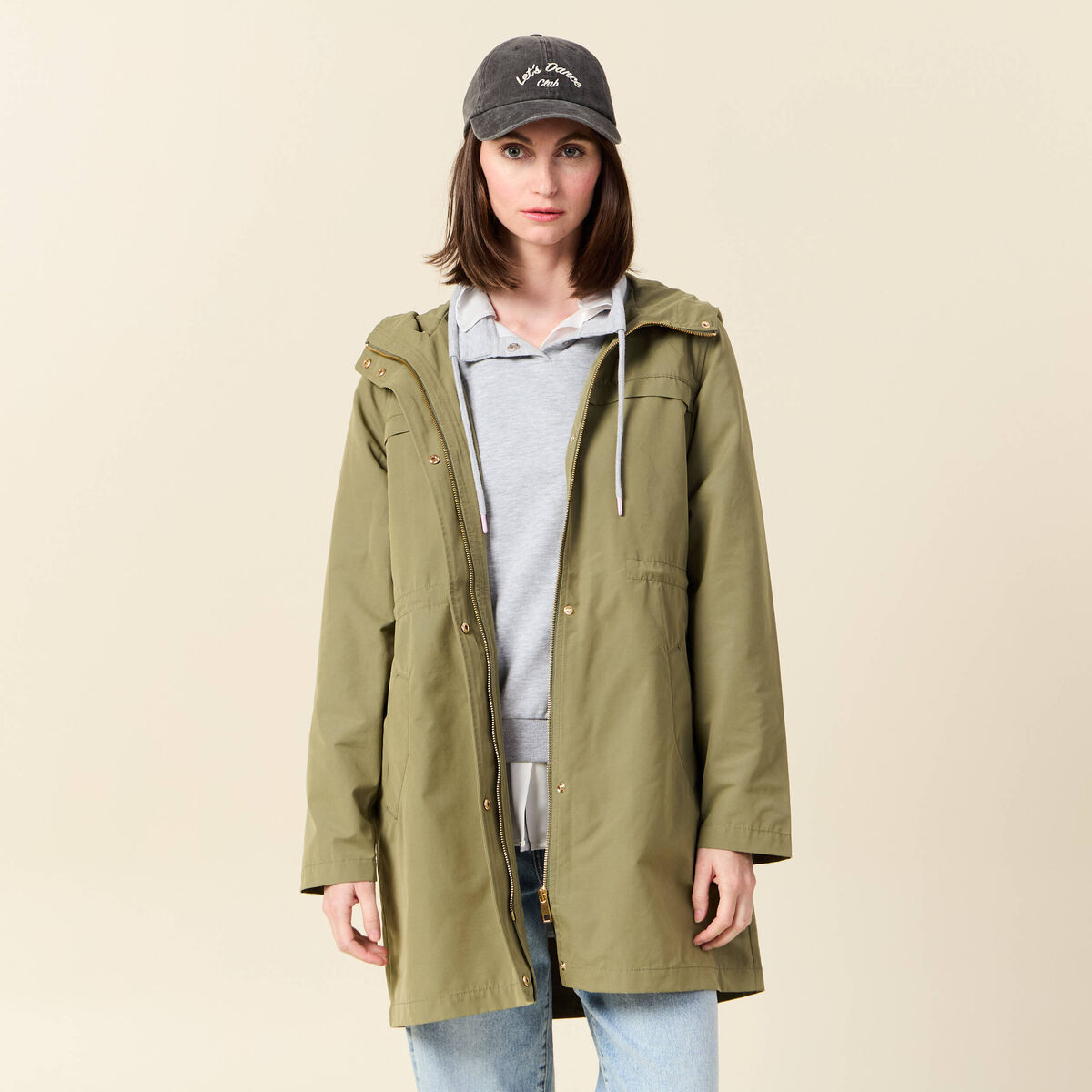 Parka longue à capuche vert kaki femme