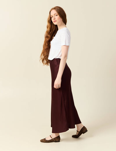 Jupe longue droite satin bordeaux femme