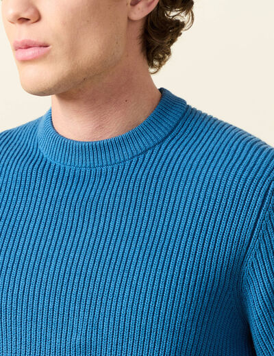 Pull fin manches longues col rond bleu fonc&eacute; homme