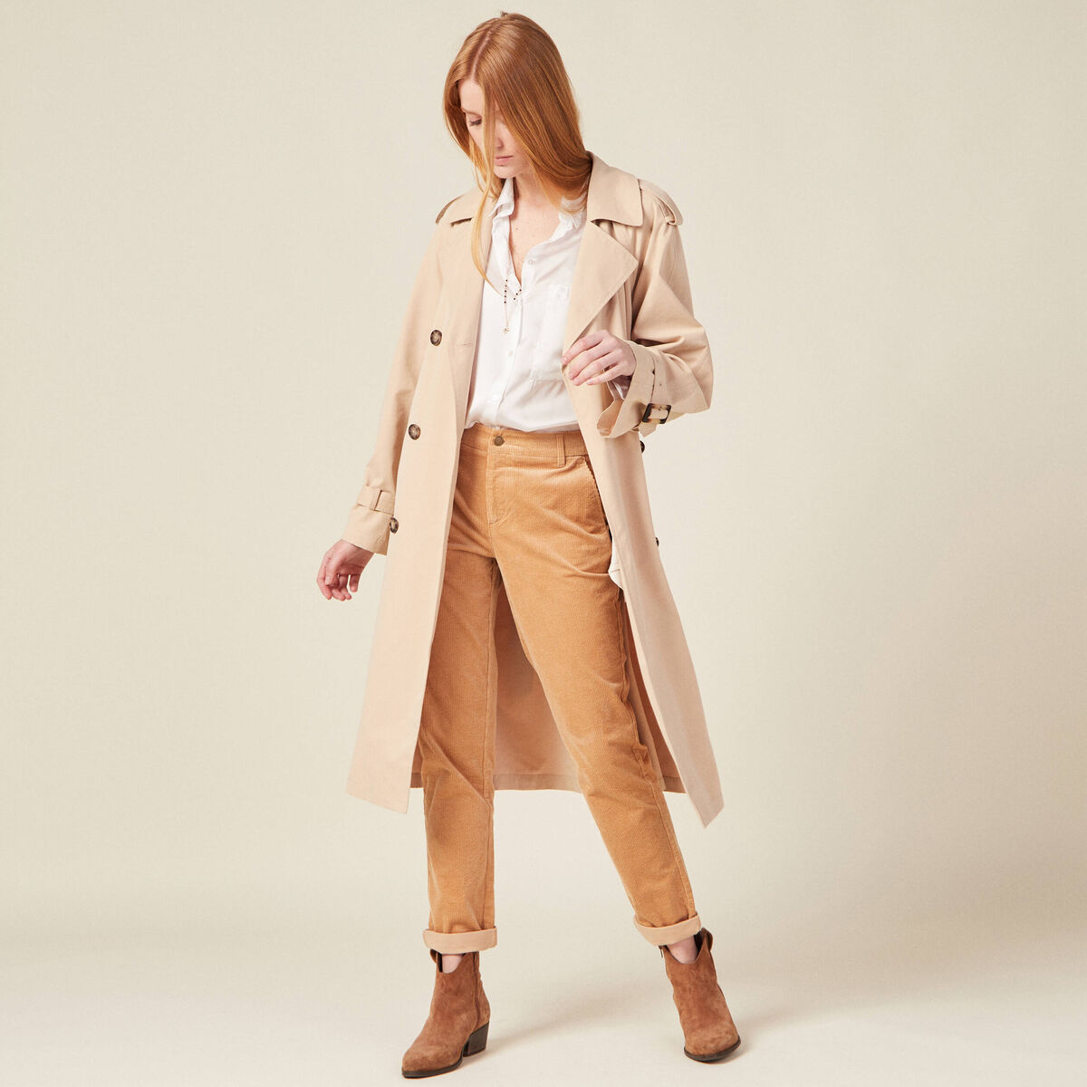 Pantalon chino velours côtelé marron clair femme