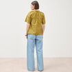 Blouse col v manches 3/4 en coton brod&eacute;e vert olive femme