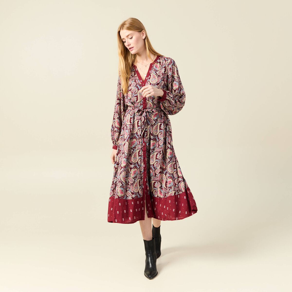 Robe midi chemise évasée rouge foncé femme