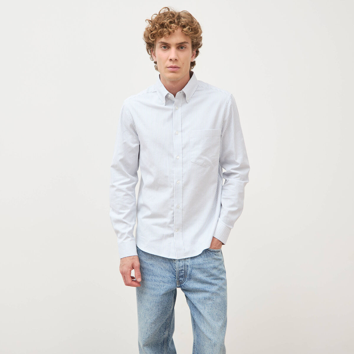 Chemise manches longues col am&eacute;ricain bleu gris homme