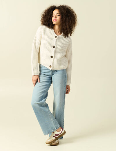 Gilet droit court manches longues creme femme