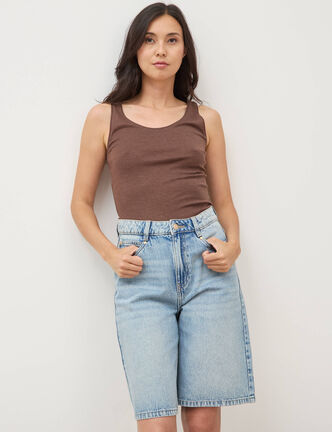 Bermuda large taille haute en coton denim used femme