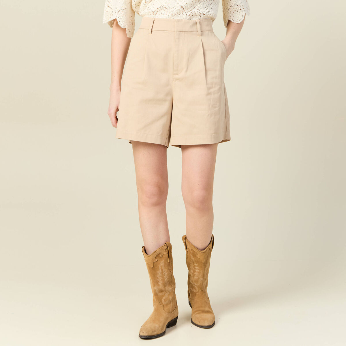 Bermuda droit taille haute beige femme