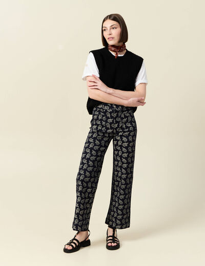 Pantalon large cropped taille haute bleu marine femme