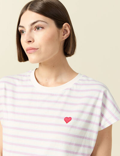 T-shirt ray&eacute; col rond manches courtes creme femme