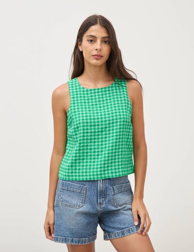 Blouse vichy droite cropped sans manches vert femme