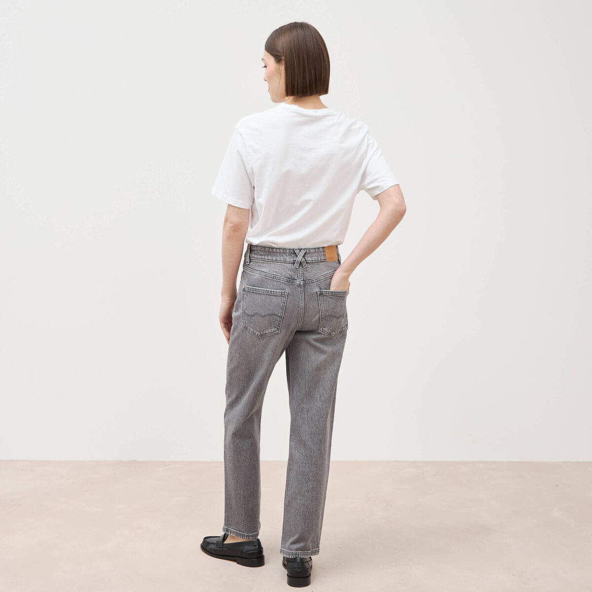 Jeans straight 7/8&egrave;me taille haute denim gris femme