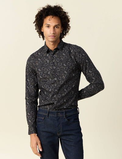 Chemise cintr&eacute;e en coton manches longues noir homme
