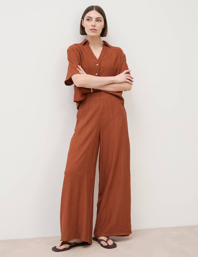 Pantalon large taille haute fluide marron femme