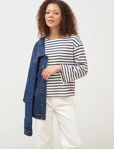 Pull droit manches longues broderie ecru femme