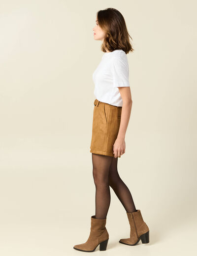 Short droit ceinturé suédine marron femme