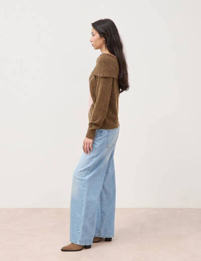 Pull droit manches longues bardot marron femme