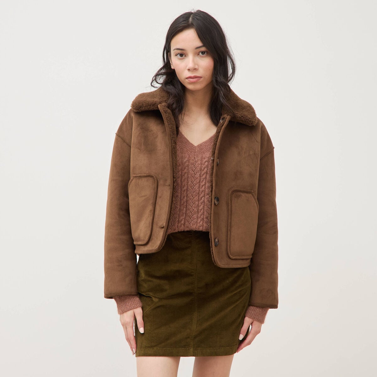 Manteau r&eacute;versible oversize court marron femme