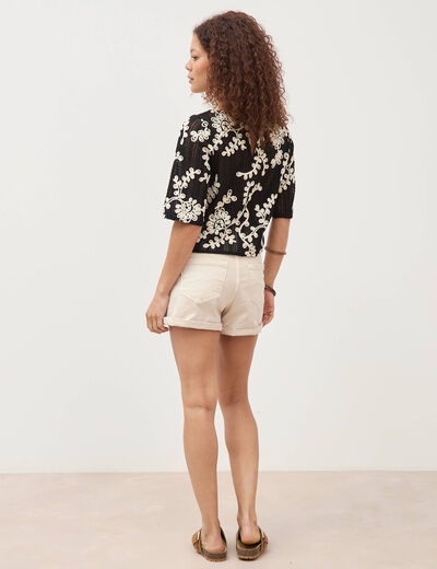 T-shirt brod&eacute; col rond manches 3/4 noir femme