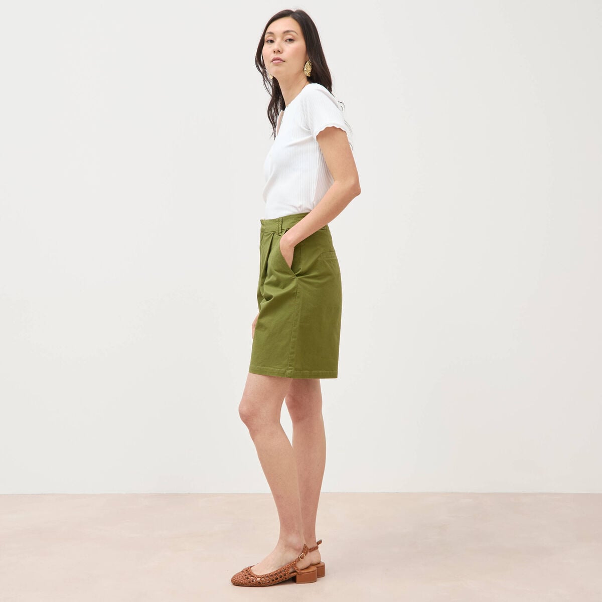 Bermuda large taille haute vert kaki femme