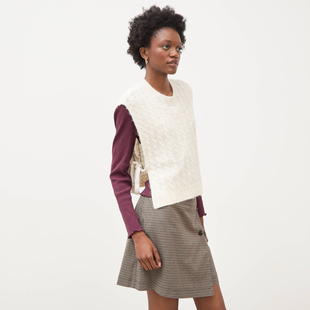 Pull droit cropped sans manches creme femme