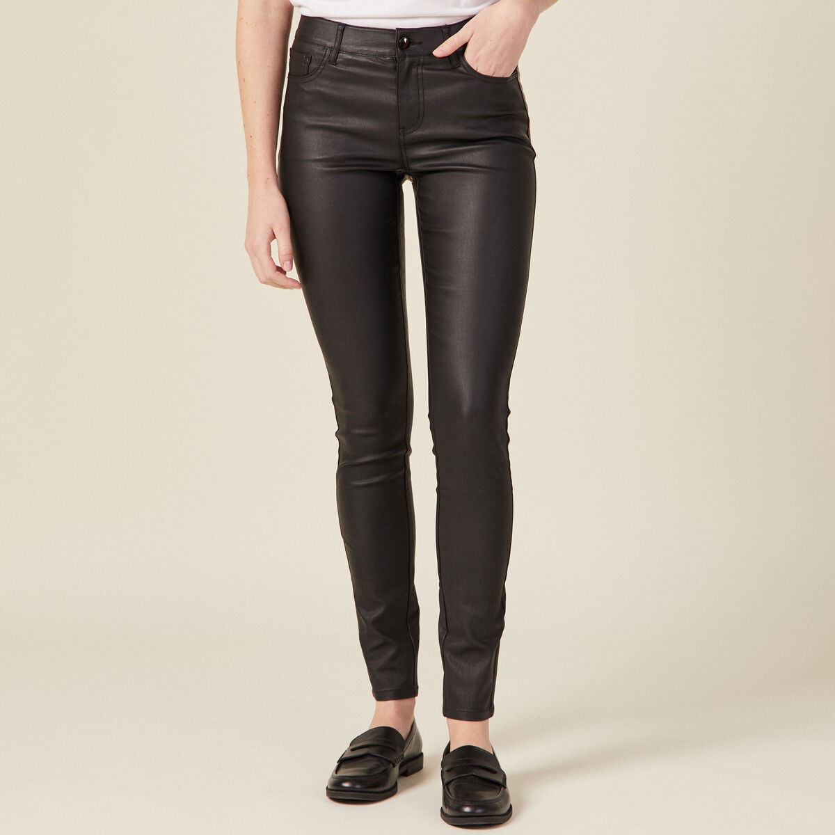 Tregging skinny denim noir enduit femme