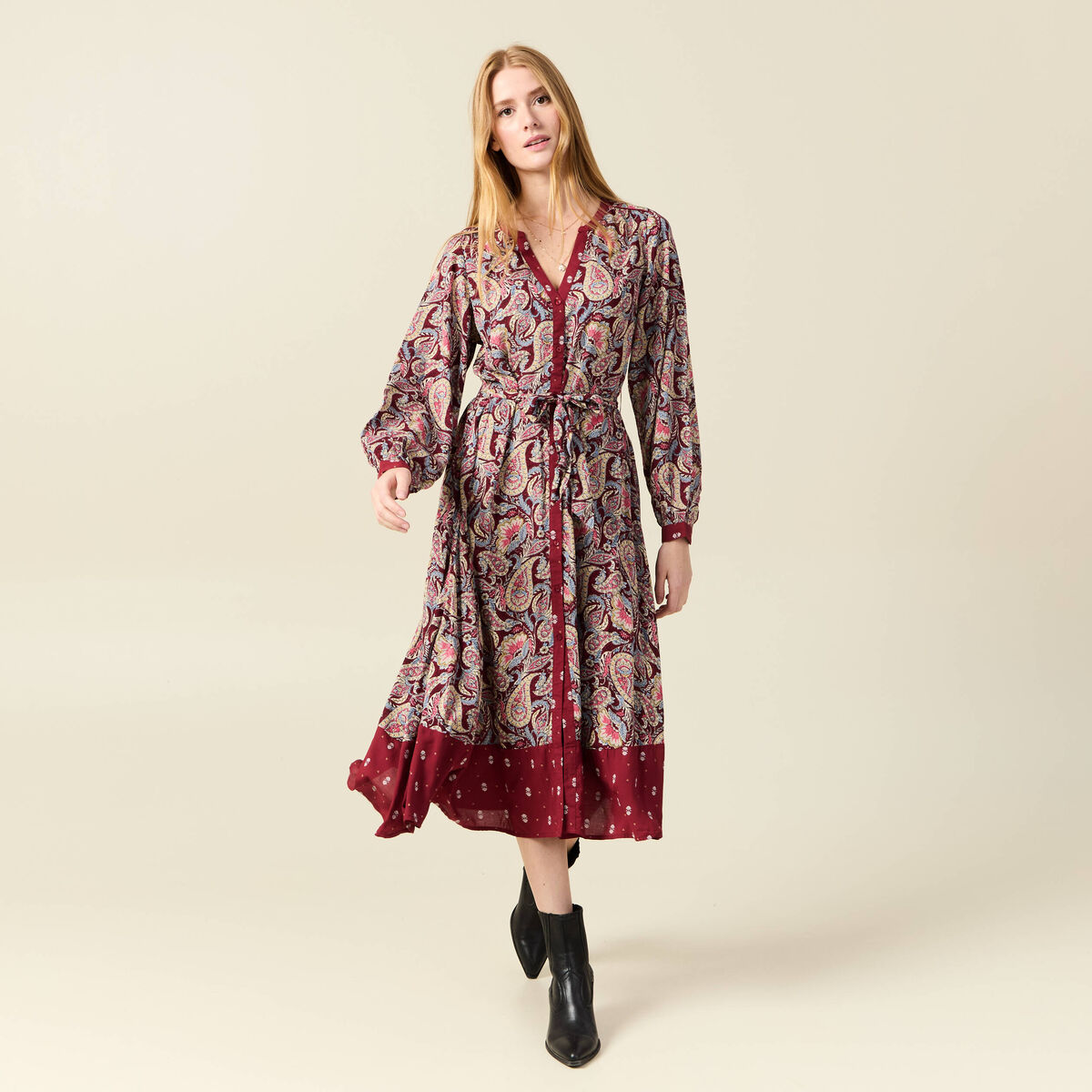 Robe midi chemise évasée rouge foncé femme