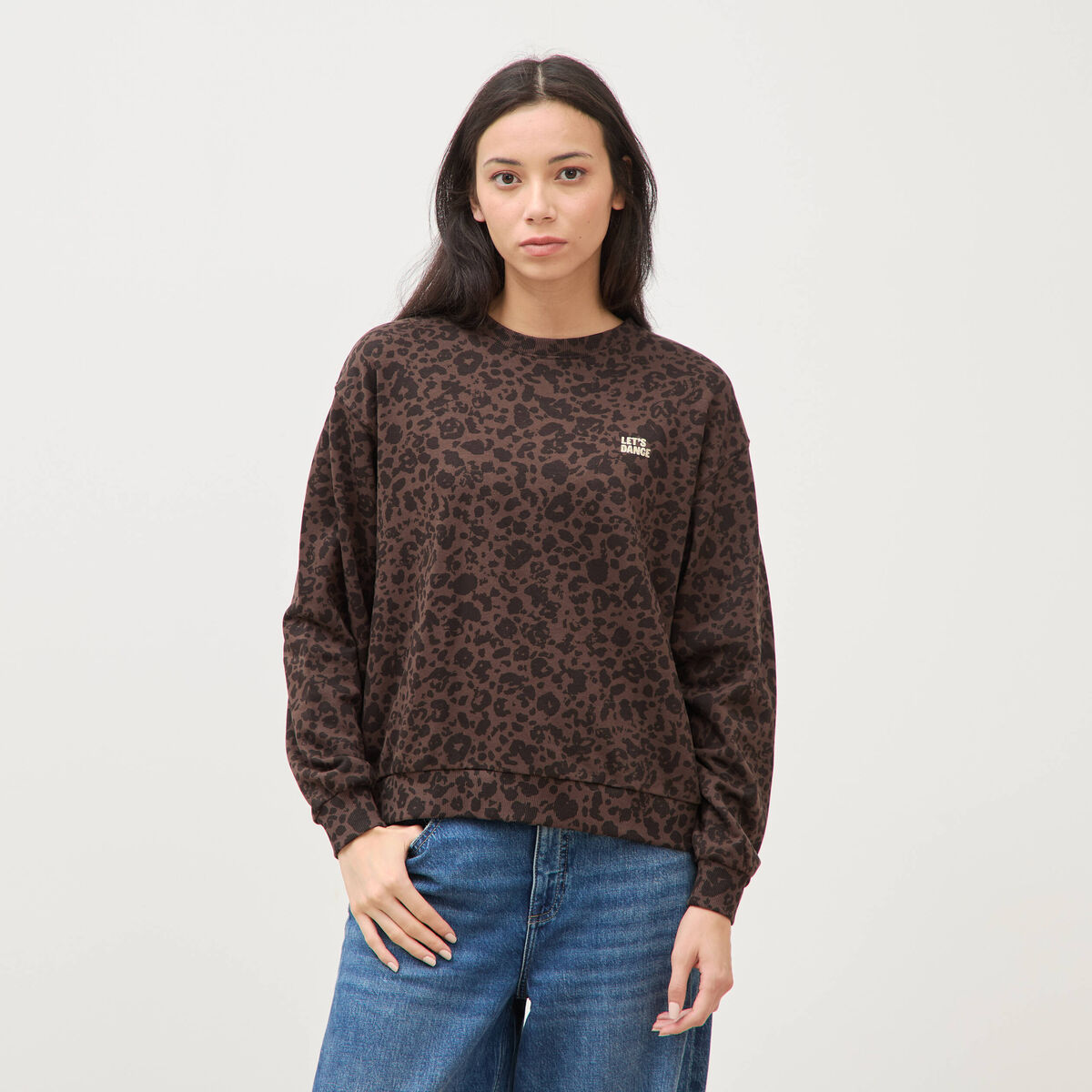 Sweat col rond manches longues marron chocolat femme