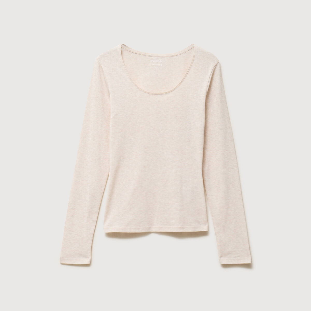 T-shirt cintr&eacute; col rond manches longues beige femme
