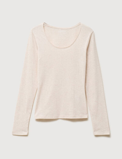 T-shirt cintr&eacute; col rond manches longues beige femme