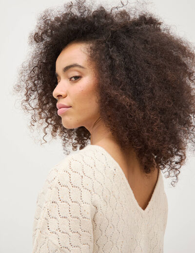 Pull oversize col v manches longues creme femme