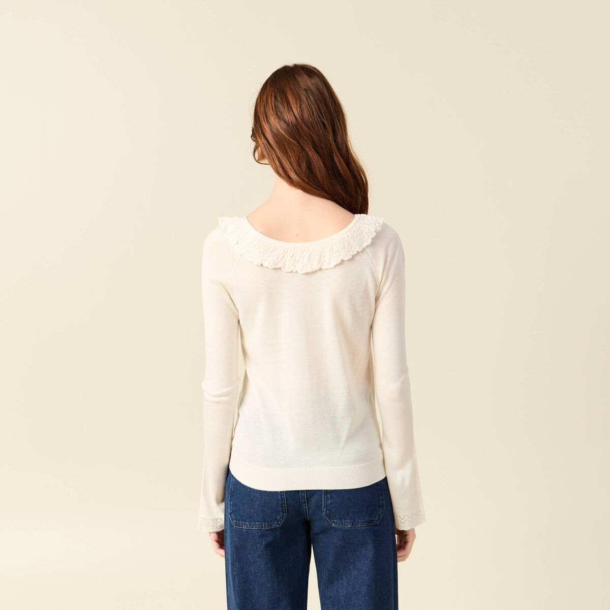 Pull col rond &agrave; volants manches longues ivoire femme