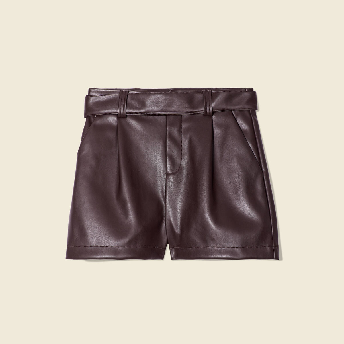 Short similicuir ceinturé marron foncé femme