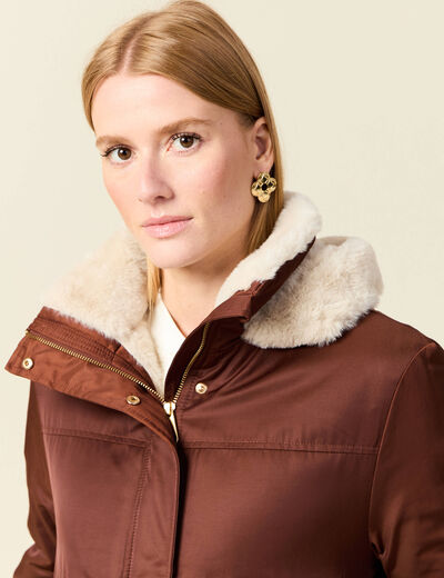 Parka droite &agrave; capuche marron fonc&eacute; femme