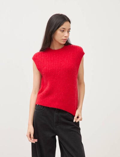 Pull droit sans manches col rond rouge femme