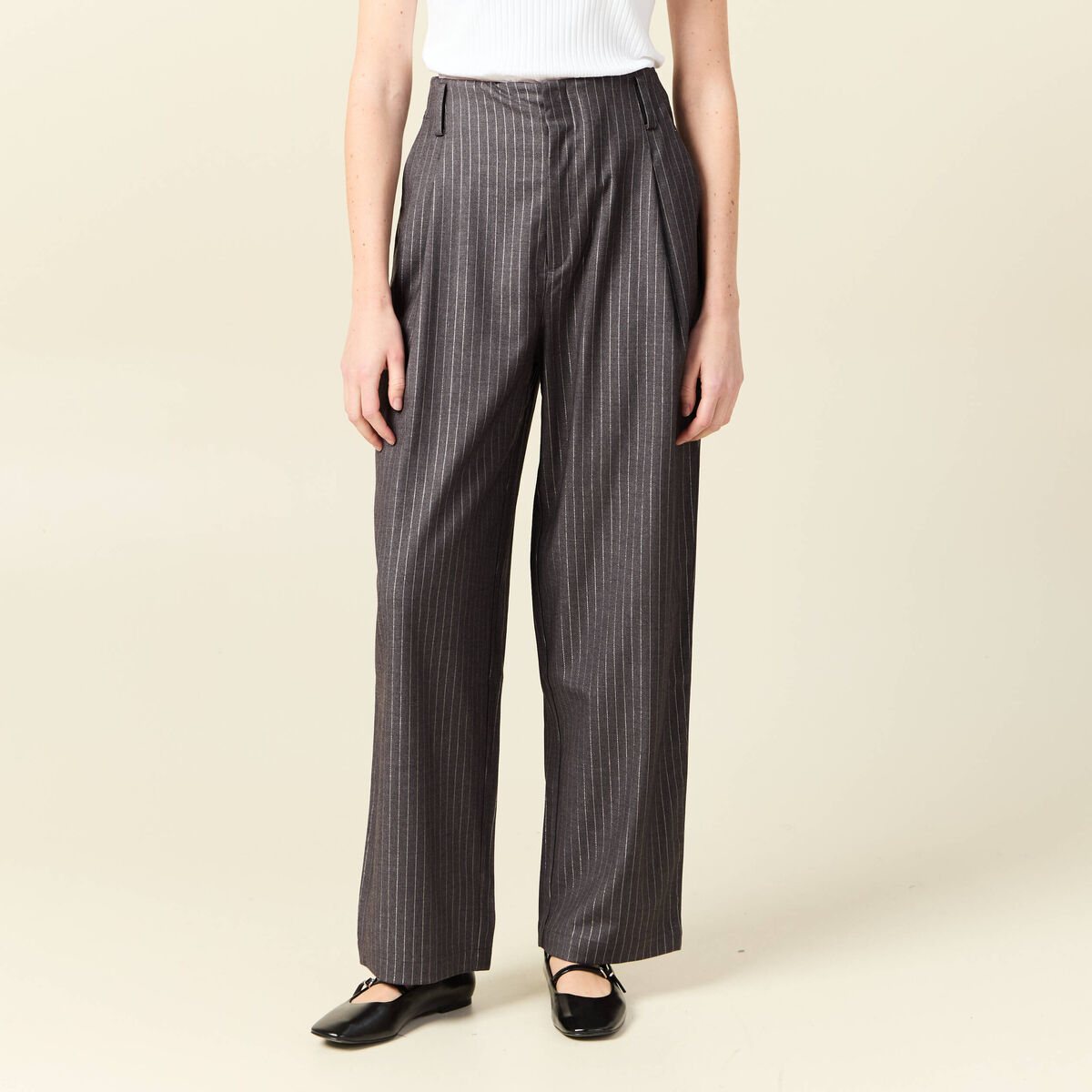 Pantalon large taille haute gris foncé femme