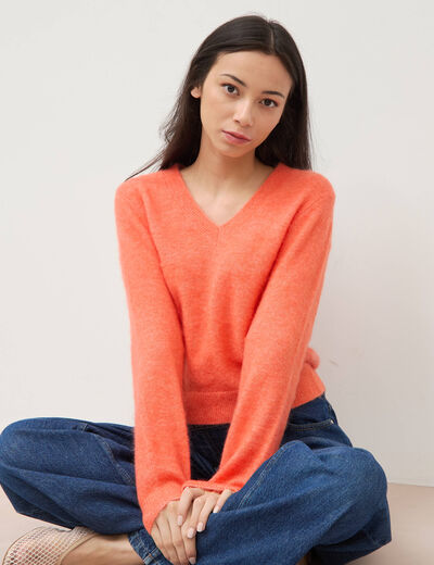 Pull droit col v manches longues rose corail femme