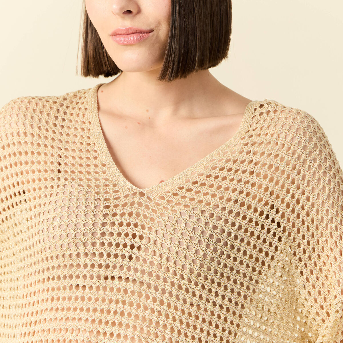 Pull manches courtes ajour&eacute; creme femme