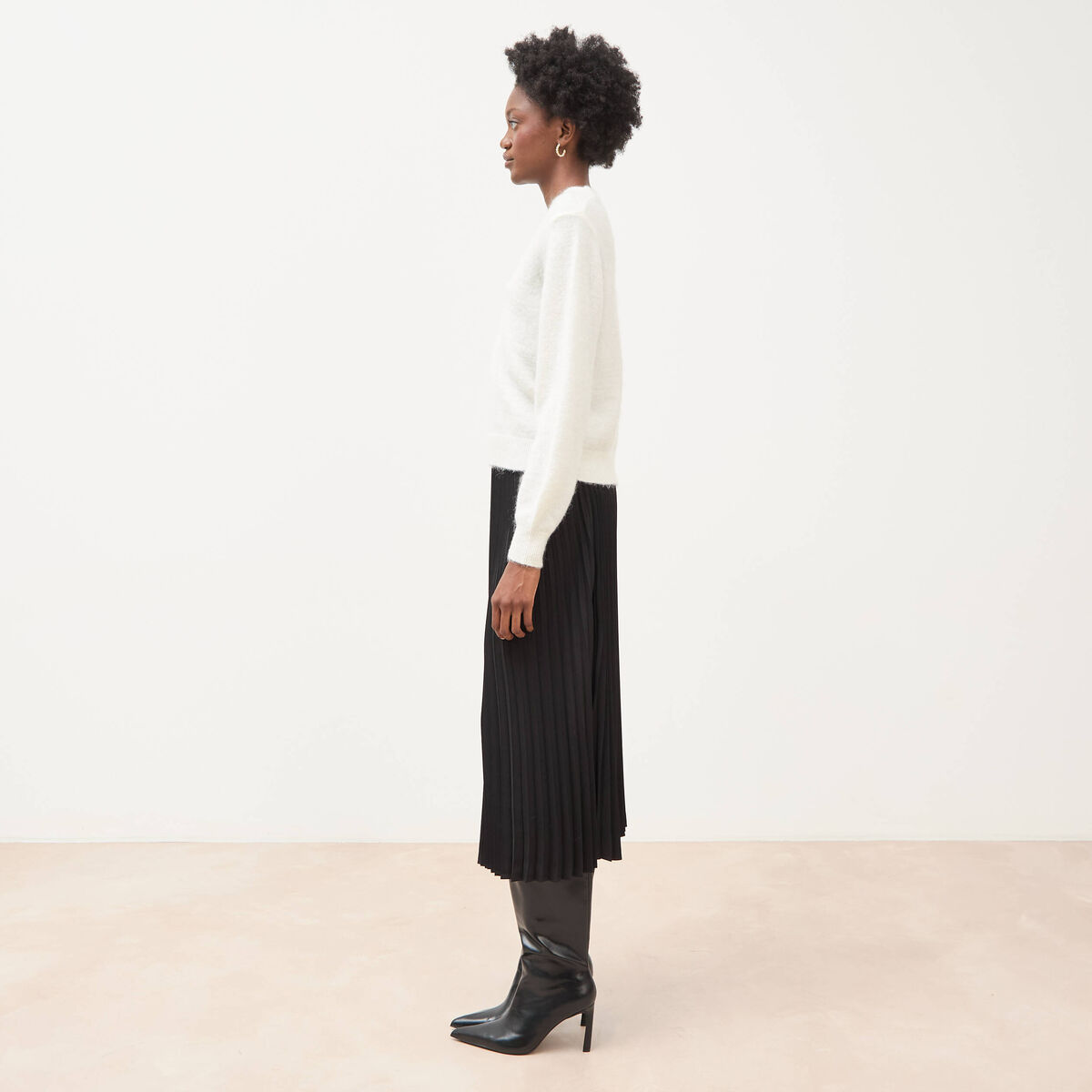 Pull droit col v manches longues ecru femme