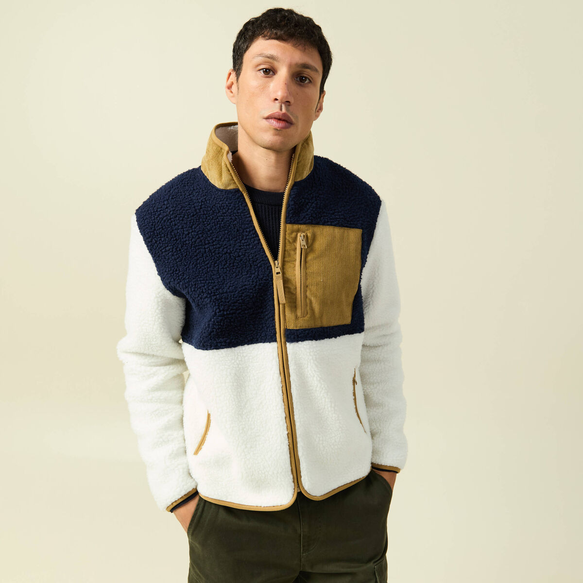 Sweat effet polaire manches longues ecru homme