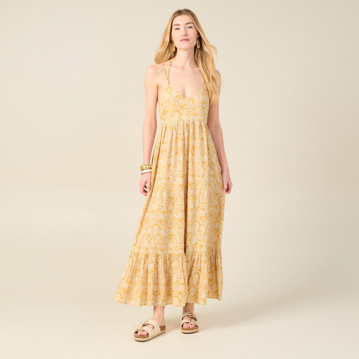 Robe longue évasée bretelles jaune femme