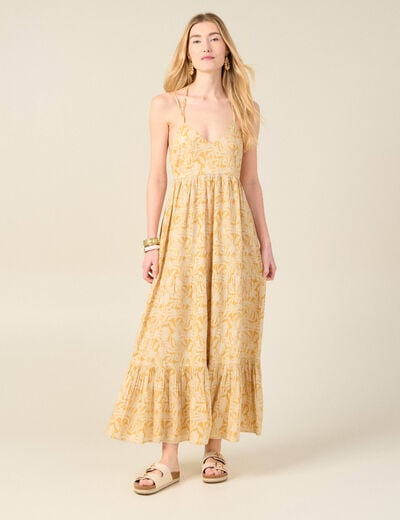 Robe longue évasée bretelles jaune femme