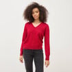 Pull droit col v manches longues rouge femme