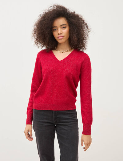 Pull droit col v manches longues rouge femme