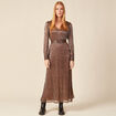 Robe longue évasée col en V marron cognac femme
