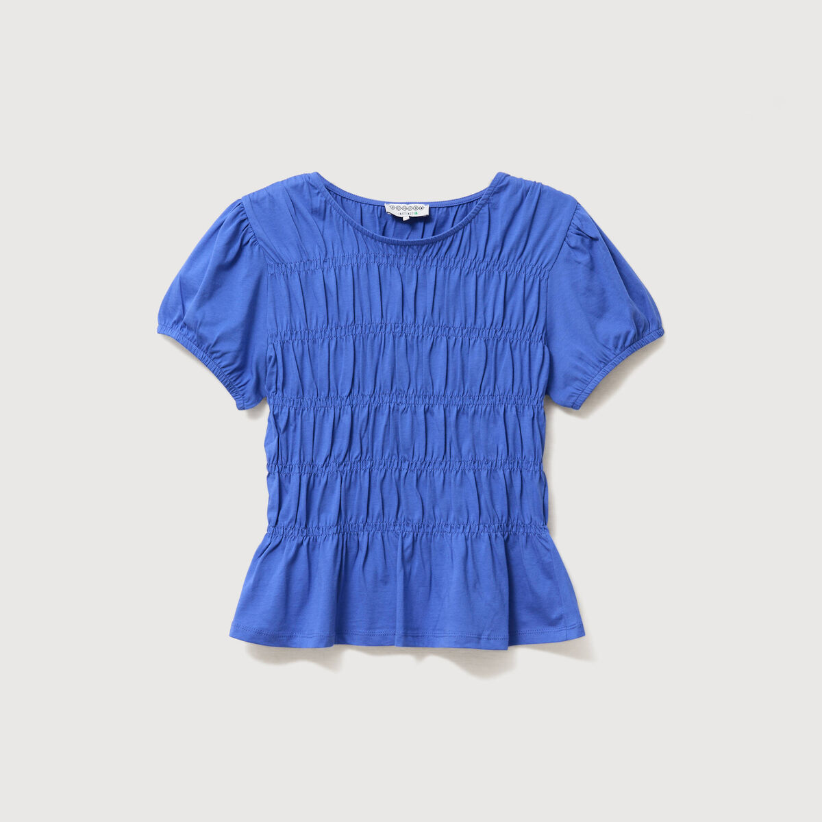 T-shirt fronc&eacute; col rond manches courtes bleu electrique femme
